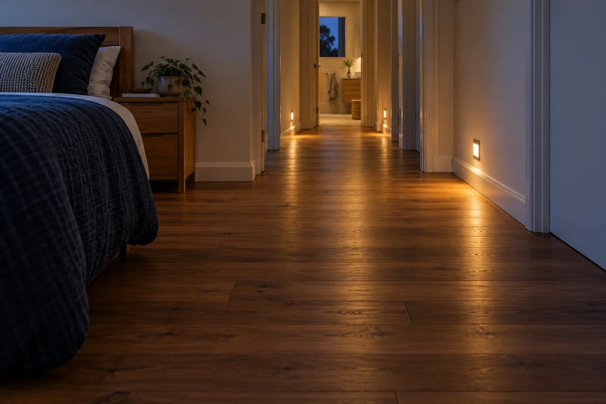 AI-generated illustration of low-level lights along a clear bedroom-to-bathroom pathway
