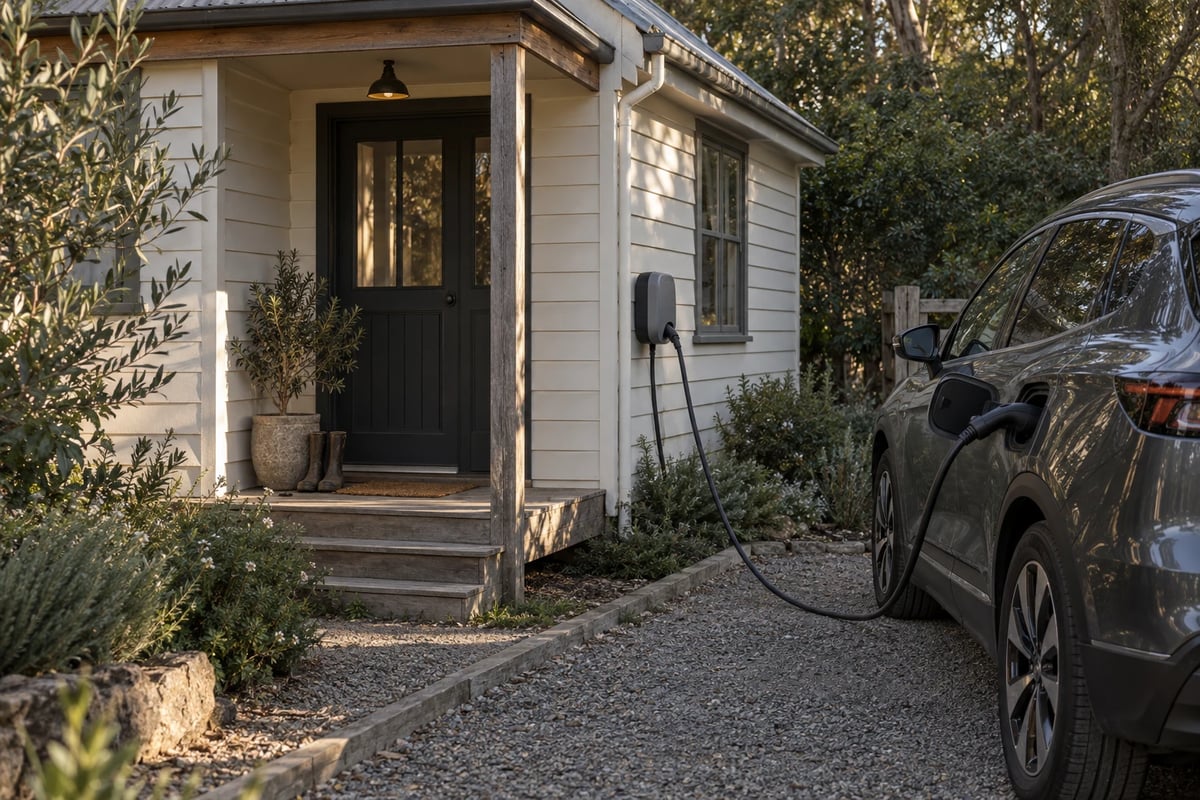 Electric car connected to a wall-mounted charger beside a welcoming holiday cottage
