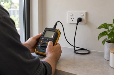 Electrician using an installation tester connected to a covered wall power outlet
