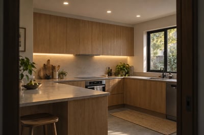 Warm LED downlights and under-cabinet lighting in a timber kitchen