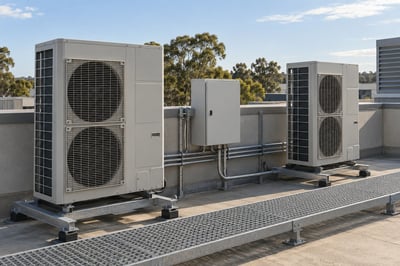 Commercial rooftop air-conditioning plant with enclosed controls and electrical conduits