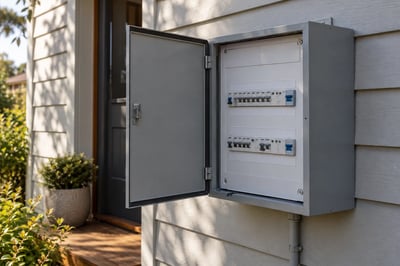 Modern residential switchboard with protected circuit breakers on a weatherboard wall